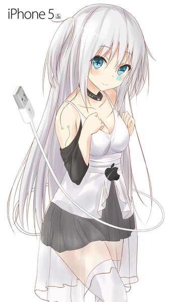 Anime picture 1000x1774 with original apple inc. saku (kudrove) single long hair tall image looking at viewer blush blue eyes simple background white background bare shoulders white hair girl thighhighs dress white thighhighs