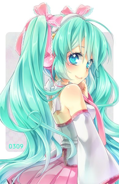 Anime picture 700x1075 with vocaloid hatsune miku namisaki yuka single long hair tall image looking at viewer blush smile twintails bare shoulders ahoge nail polish aqua eyes aqua hair pink nail polish girl bow hair bow detached sleeves