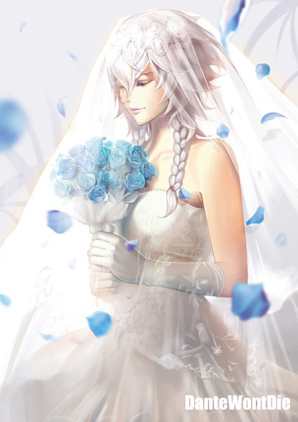 Anime picture 992x1404 with touhou izayoi sakuya dantewontdie single tall image short hair bare shoulders braid (braids) eyes closed grey hair girl dress gloves flower (flowers) petals white gloves white dress rose (roses) bouquet wedding dress