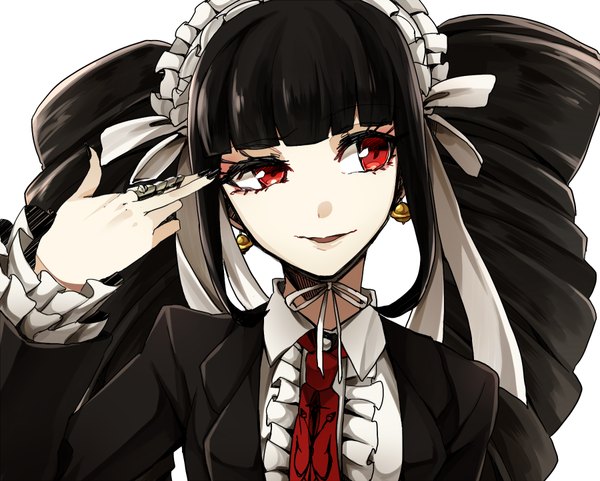 Anime picture 900x722 with dangan ronpa celestia ludenberg tomari (veryberry00) single long hair fringe open mouth black hair simple background smile red eyes white background twintails looking away nail polish drill hair close-up black nail polish finger gun girl
