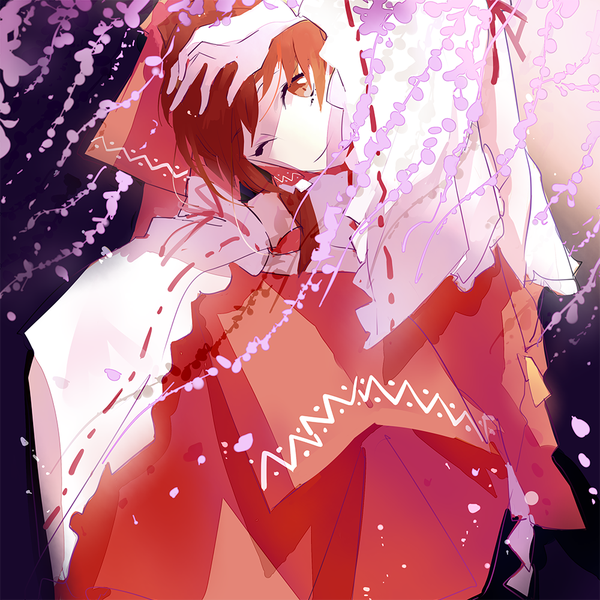 Anime picture 1000x1000 with touhou hakurei reimu nanobe single looking at viewer short hair brown hair brown eyes traditional clothes one eye closed light smile wink miko girl flower (flowers) bow hair bow detached sleeves petals wisteria