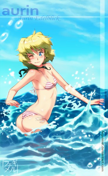 Anime picture 675x1100 with original feguimel single long hair tall image blush blue eyes light erotic blonde hair signed looking away ass one eye closed wink girl swimsuit bikini sea