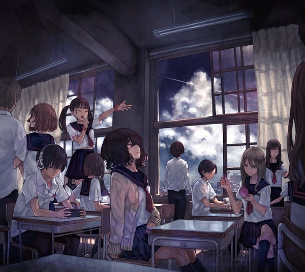 Anime picture 1000x893 with original kaoming long hair short hair open mouth black hair brown hair sitting twintails multiple girls brown eyes eyes closed multiple boys 6+ girls 7 girls girl boy uniform socks serafuku