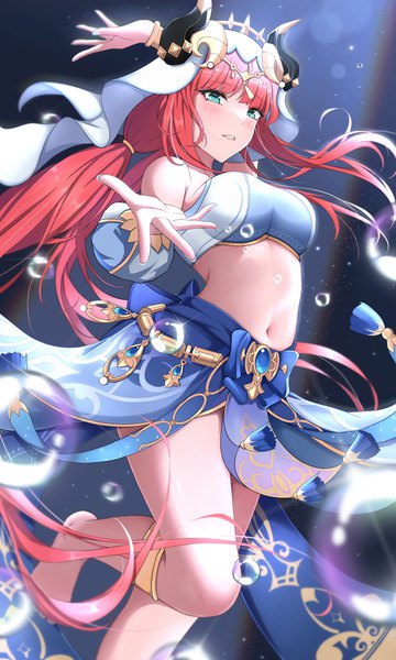 Anime picture 3000x5000 with genshin impact nilou (genshin impact) zhutou 333 single long hair tall image looking at viewer blush fringe highres breasts light erotic standing twintails bent knee (knees) red hair blunt bangs long sleeves nail polish barefoot