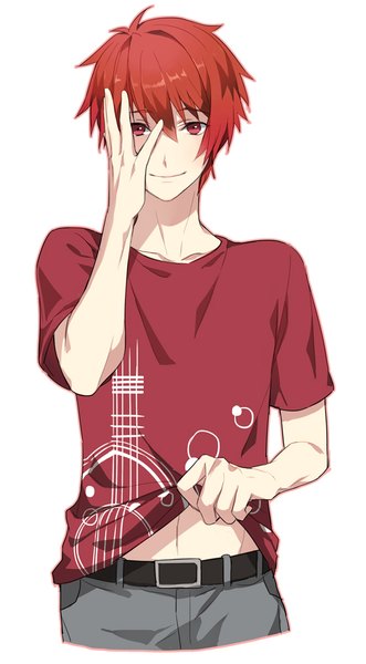Anime picture 559x1011 with uta no prince-sama a-1 pictures ittoki otoya tyuh (pixiv) single tall image looking at viewer fringe short hair simple background smile hair between eyes red eyes white background upper body red hair bare belly short sleeves hand on face hand on cheek