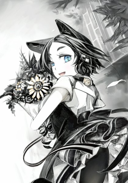 Anime picture 895x1280 with original yunar single tall image looking at viewer short hair open mouth blue eyes black hair smile holding animal ears looking back from behind monochrome happy skirt lift girl skirt hair ornament