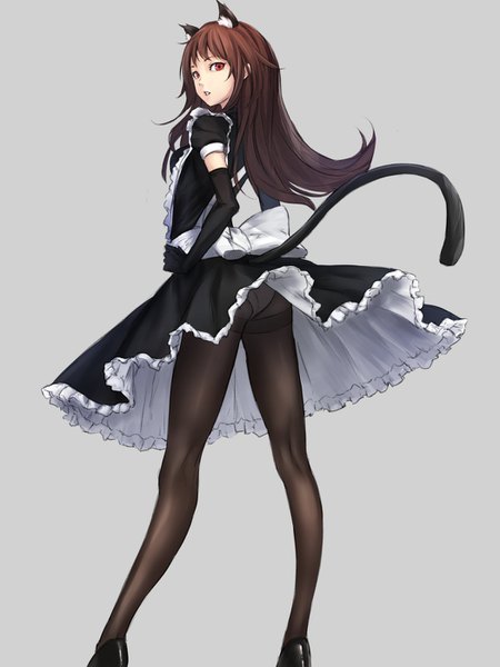 Anime picture 1050x1400 with original sugi 214 single long hair tall image looking at viewer fringe open mouth light erotic simple background red eyes brown hair standing brown eyes animal ears full body tail parted lips animal tail looking back