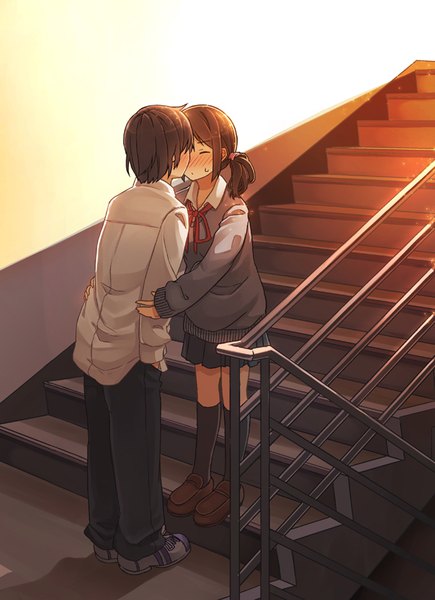 Anime picture 600x827 with original niichi (komorebi-palette) tall image blush short hair brown hair standing twintails indoors eyes closed long sleeves pleated skirt sunlight shadow sweat leaning embarrassed leaning forward couple hug