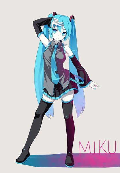 Anime-Bild 2380x3432 mit vocaloid hatsune miku fkey single tall image looking at viewer highres blue eyes simple background smile standing twintails blue hair full body very long hair nail polish inscription grey background shadow character names