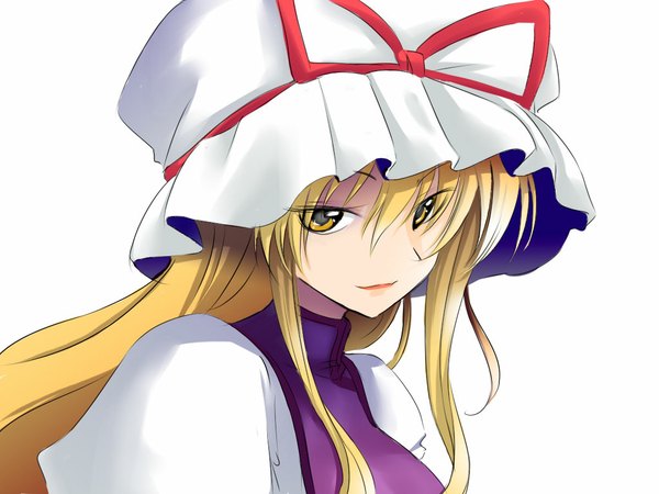 Anime picture 1024x768 with touhou yakumo yukari long hair blonde hair smile yellow eyes girl ribbon (ribbons) hat