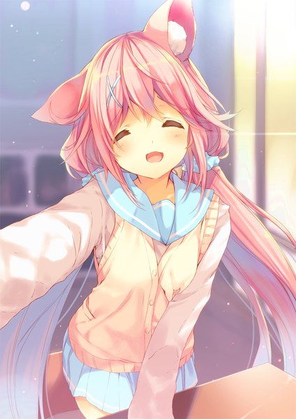 Anime picture 800x1132 with virtual youtuber mofumofu channel amamiya aki p19 single tall image blush open mouth smile animal ears pink hair eyes closed very long hair long sleeves :d cat girl ^ ^ self shot girl skirt