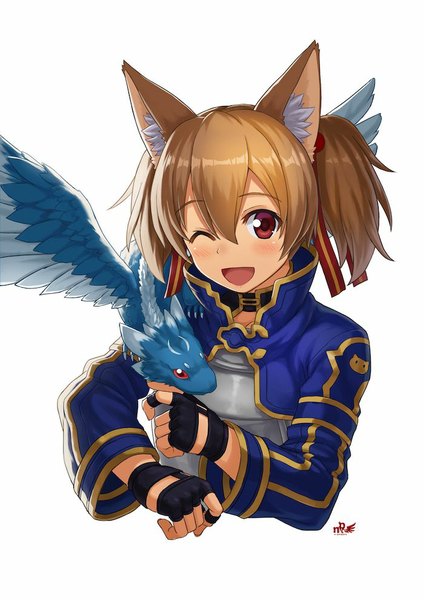 Anime picture 700x990 with sword art online a-1 pictures silica pina (sao) npcpepper single tall image blush fringe short hair open mouth red eyes white background twintails signed animal ears upper body one eye closed wink cat ears