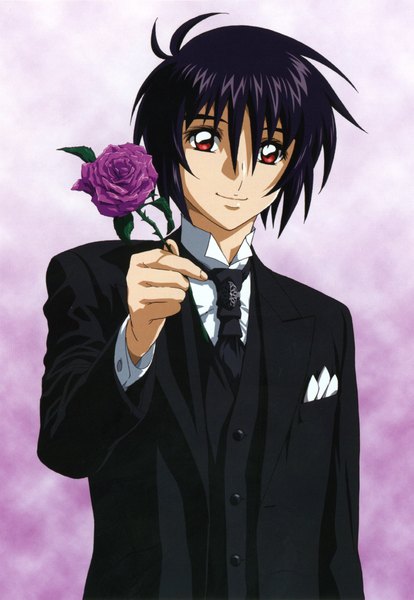 Anime picture 1655x2397 with mobile suit gundam gundam seed destiny sunrise (studio) shinn asuka single tall image short hair black hair simple background smile red eyes boy flower (flowers) rose (roses) suit purple rose