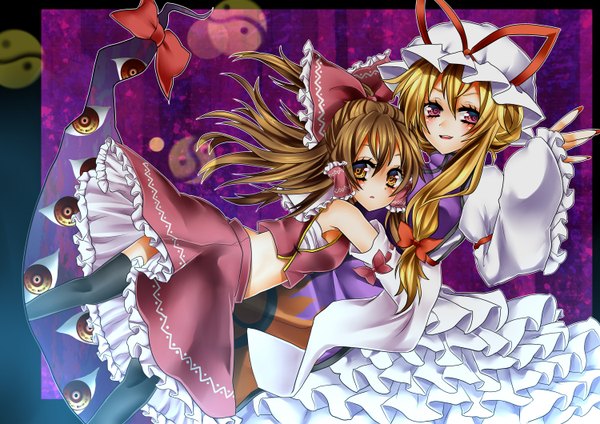 Anime picture 1500x1060 with touhou hakurei reimu yakumo yukari blonde hair red eyes brown hair multiple girls yellow eyes hug miko girl dress skirt bow 2 girls hair bow hat detached sleeves skirt set