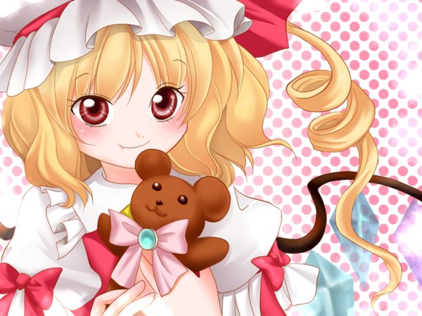 Anime picture 1400x1050 with touhou flandre scarlet yuzuna99 blush short hair blonde hair smile red eyes teeth loli fang (fangs) one side up girl bow wings teddy bear