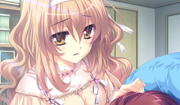 Anime picture 1024x600 with houkago kitchen long hair brown hair wide image brown eyes game cg girl dress hairband