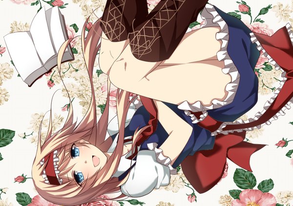 Anime picture 1000x706 with touhou alice margatroid yamasuta single long hair looking at viewer blush open mouth blue eyes blonde hair smile girl dress flower (flowers) ribbon (ribbons) bow boots hairband book (books) ascot