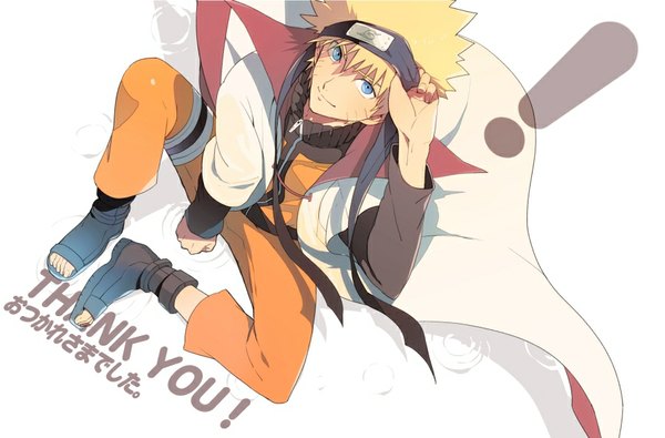 Anime picture 900x593 with naruto studio pierrot naruto (series) uzumaki naruto nic (kevin) single looking at viewer short hair blue eyes simple background blonde hair smile white background sitting from above text facial mark english whisker markings jinchuriki