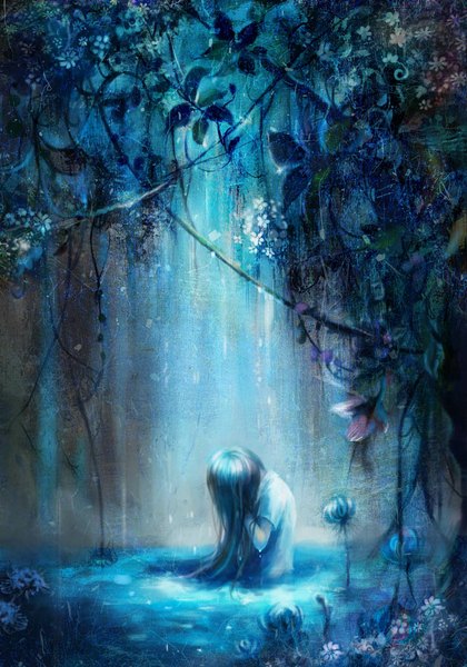Anime picture 720x1028 with original huahua363 single long hair tall image black hair sunlight covering no face covering face girl flower (flowers) plant (plants) water