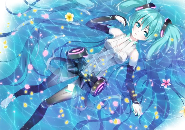 Anime picture 1500x1060 with vocaloid vocaloid append hatsune miku hatsune miku (append) mimi (tetoru09) mimi( pixiv id6078386) single long hair open mouth smile twintails barefoot aqua eyes aqua hair partially submerged afloat girl thighhighs gloves flower (flowers)