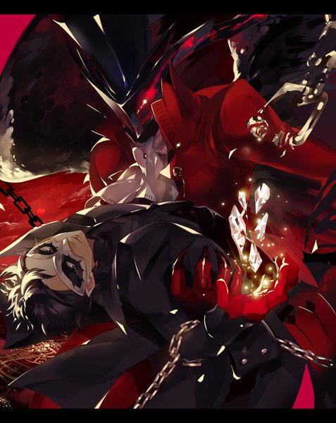 Anime picture 636x800 with persona 5 persona amamiya ren arsene (persona 5) okurai tall image short hair black hair black eyes open jacket letterboxed arched back destruction boy gloves jacket chain mask crystal neckerchief