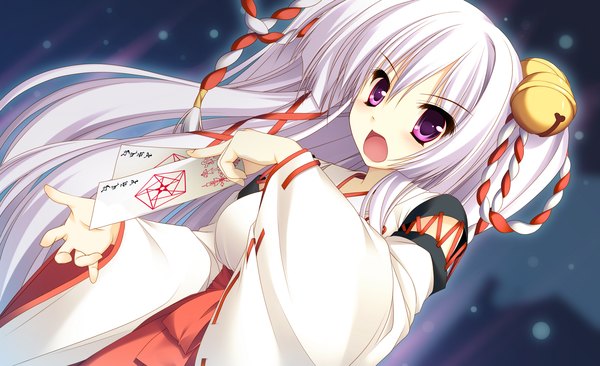 Anime picture 2356x1440 with shirogane otome shirogane sarasa kamiya tomoe single long hair looking at viewer blush highres open mouth wide image purple eyes game cg white hair japanese clothes miko girl bell jingle bell ofuda