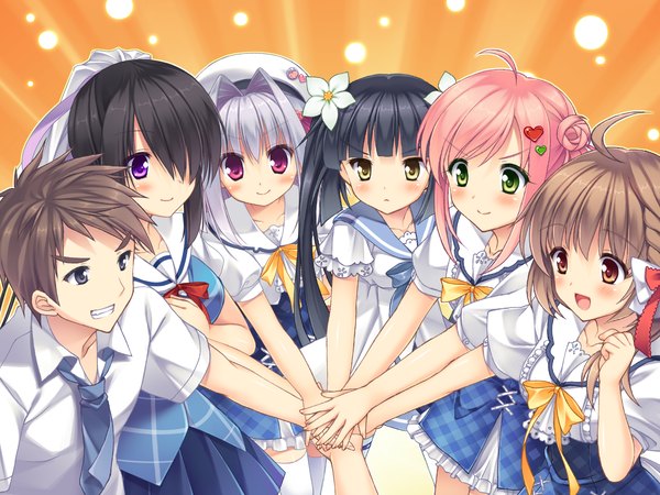 Anime picture 1680x1260 with sakura no reply kazama minto saejima momo hazuki mikuri tsukimori chiyoko asahina mai (sakura no reply) long hair blush fringe short hair black hair red eyes brown hair purple eyes multiple girls brown eyes green eyes yellow eyes pink hair game cg