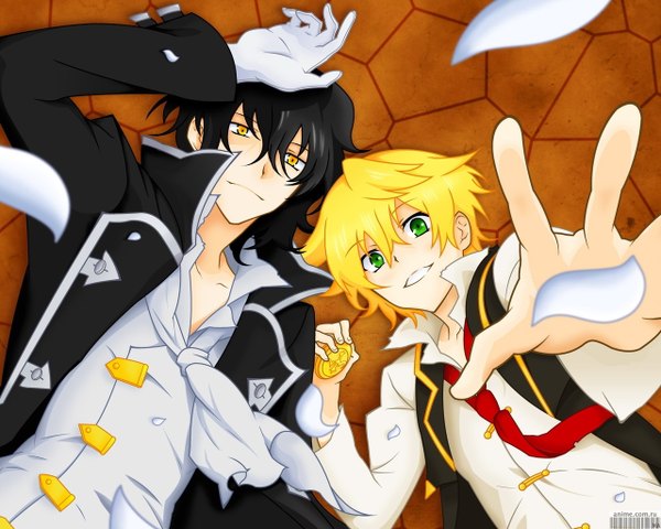 Anime picture 1280x1024 with pandora hearts xebec oz vessalius gilbert nightray short hair black hair blonde hair green eyes yellow eyes lying outstretched arm boy shirt petals necktie jacket