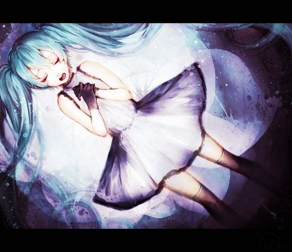 Anime picture 2309x2000 with vocaloid hatsune miku ohagi (ymnky) single long hair highres open mouth twintails blue hair eyes closed very long hair eyeshadow singing girl dress gloves