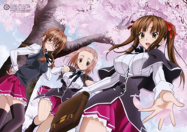 Anime picture 6977x4948 with highschool dxd mishima hiroji long hair highres short hair open mouth smile brown hair twintails multiple girls yellow eyes pink hair absurdres braid (braids) scan official art cherry blossoms girl thighhighs skirt