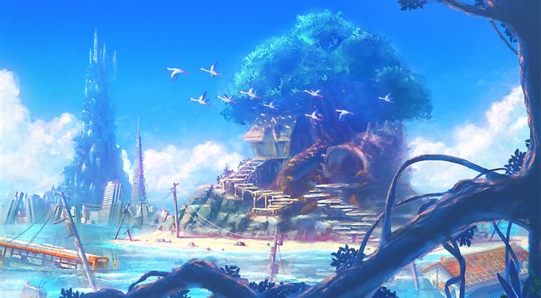 Anime picture 1024x565 with original youji (artist) wide image sky cloud (clouds) landscape ruins plant (plants) animal tree (trees) water bird (birds) ground vehicle wire (wires) roots bus