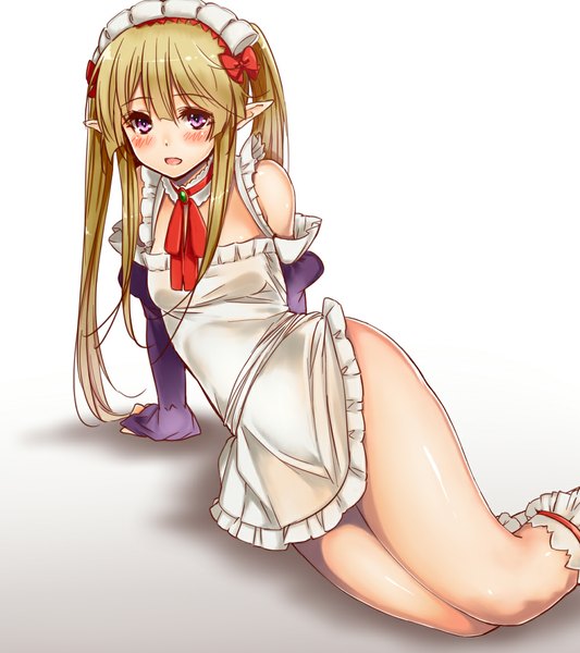 Anime picture 1024x1152 with outbreak company feel (studio) myucel foalan kawakami masaki single long hair tall image looking at viewer blush open mouth light erotic blonde hair simple background white background purple eyes shadow elf naked apron girl hair ornament