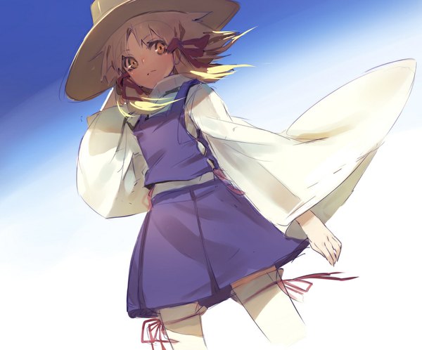 Anime picture 1000x831 with touhou moriya suwako benitama single short hair simple background blonde hair yellow eyes payot looking away wind wide sleeves from below dutch angle girl thighhighs skirt hair ornament hat white thighhighs