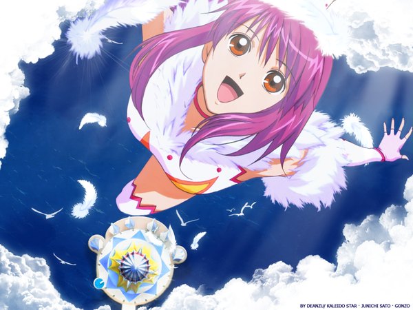 Anime picture 1600x1200 with kaleido star gonzo naegino sora single long hair looking at viewer purple hair cloud (clouds) sunlight orange eyes happy spread arms girl animal water bird (birds) feather (feathers)