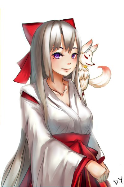 Anime picture 800x1200 with original polkadotedflower single long hair tall image looking at viewer blush fringe breasts simple background smile white background purple eyes cleavage white hair traditional clothes mole wide sleeves mole under eye miko