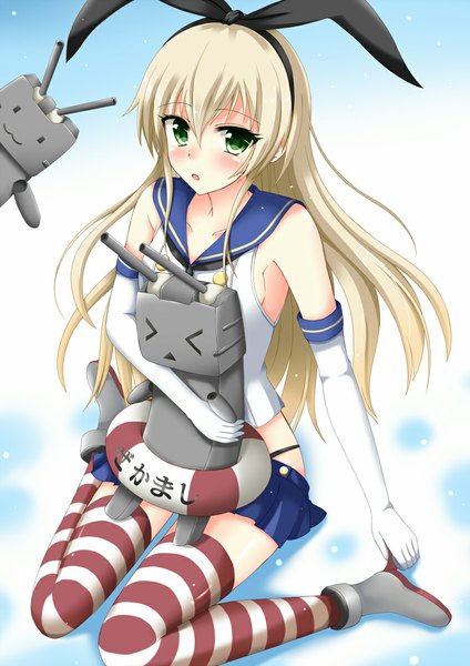 Anime picture 800x1131 with kantai collection shimakaze destroyer rensouhou-chan yuuki tokinomado single long hair tall image looking at viewer blush blonde hair green eyes girl thighhighs gloves weapon miniskirt elbow gloves boots striped thighhighs