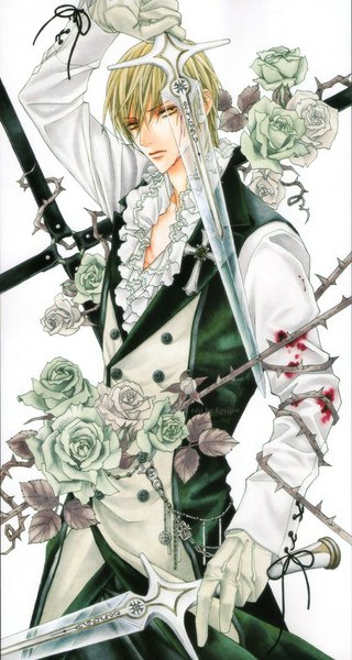 Anime picture 534x1000 with uragiri wa boku no namae wo shitteiru j.c. staff usui shuusei odagiri hotaru single tall image short hair blonde hair standing yellow eyes boy gloves flower (flowers) weapon sword white gloves rose (roses) blood cross white rose