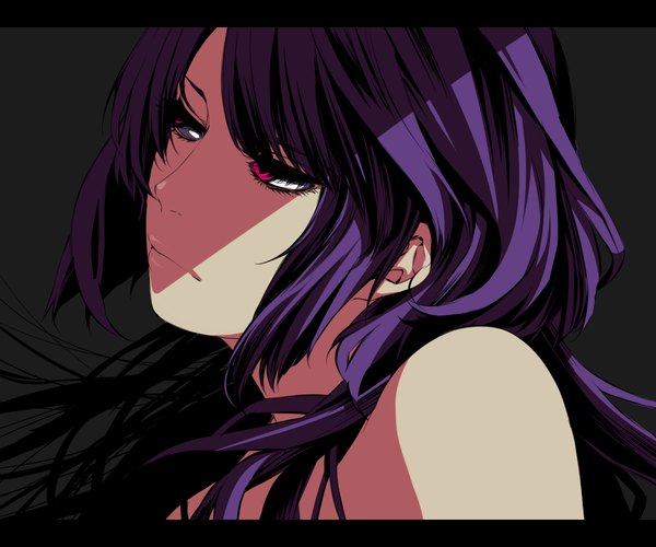Anime picture 1200x1000 with original seia single long hair fringe simple background red eyes bare shoulders looking away purple hair lips shadow close-up girl