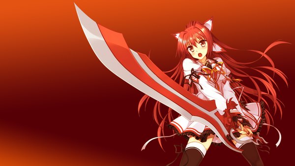 Anime picture 1280x720 with koiken otome yasukuni akane tateha (marvelous grace) long hair blush open mouth red eyes wide image game cg red hair red background girl thighhighs uniform bow weapon black thighhighs hair bow school uniform sword