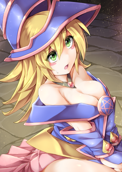 Anime picture 700x988 with yu-gi-oh! dark magician girl fun bo single long hair tall image fringe breasts open mouth light erotic blonde hair hair between eyes large breasts green eyes looking away cleavage upper body off shoulder sweat sweatdrop