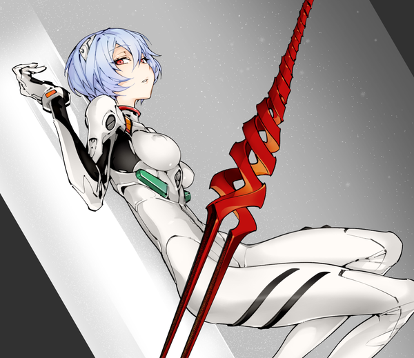Anime picture 1151x996 with neon genesis evangelion gainax ayanami rei fishine single looking at viewer fringe short hair breasts light erotic simple background hair between eyes red eyes signed bent knee (knees) lying parted lips head tilt on back erect nipples