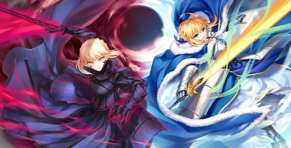 Anime picture 1573x800 with fate (series) fate/grand order fate/stay night artoria pendragon (all) saber saber alter kousaki rui short hair open mouth blonde hair wide image multiple girls yellow eyes looking away ahoge braid (braids) aqua eyes fur trim floating hair side braid