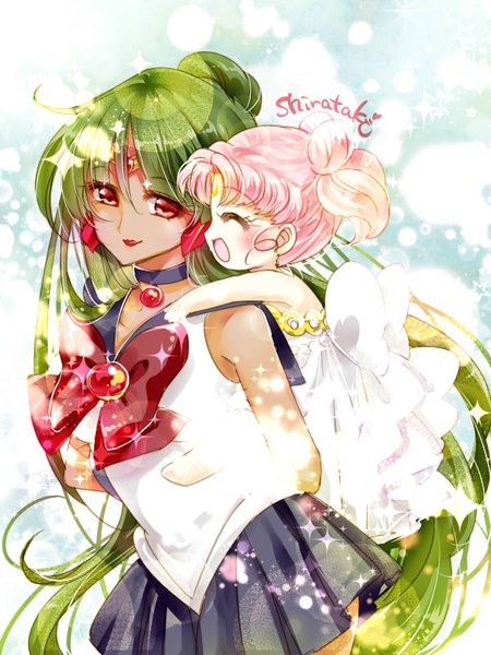 Anime picture 600x800 with bishoujo senshi sailor moon toei animation chibiusa meiou setsuna sailor pluto princess usagi small lady shirataki kaiseki long hair tall image short hair open mouth smile red eyes twintails multiple girls signed pink hair eyes closed pleated skirt green hair