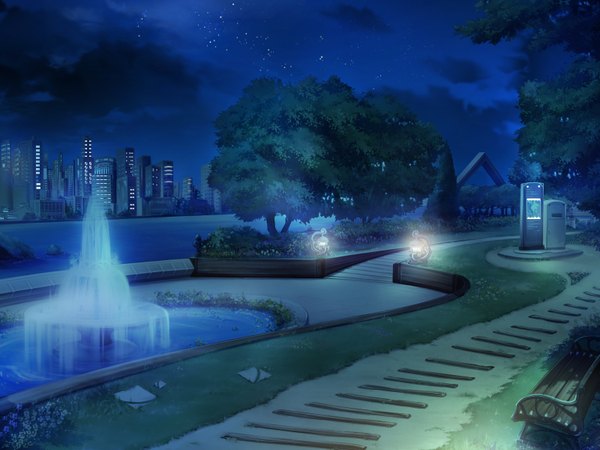 Anime picture 1600x1200 with akatoki! cloud (clouds) night night sky city no people river plant (plants) tree (trees) water building (buildings) star (stars) grass bench fountain