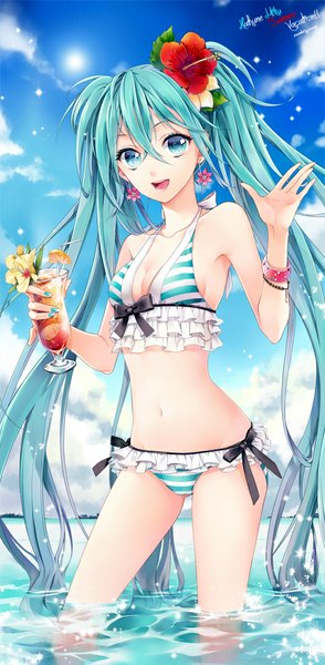 Anime picture 530x1080 with vocaloid hatsune miku cocoon (loveririn) single tall image looking at viewer open mouth twintails sky cloud (clouds) very long hair nail polish hair flower aqua eyes aqua hair character names aqua nail polish girl flower (flowers) swimsuit