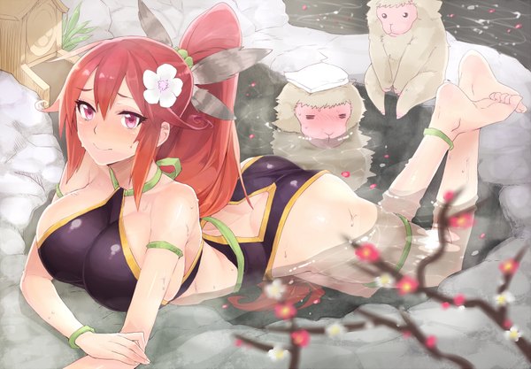 Anime picture 1600x1113 with sengoku bushouki muramasa maeda toshinaga (sengoku bushouki muramasa) angelo (gomahangetsu) single long hair looking at viewer blush breasts light erotic smile red eyes large breasts bare shoulders ass ponytail red hair barefoot hair flower from above no bra
