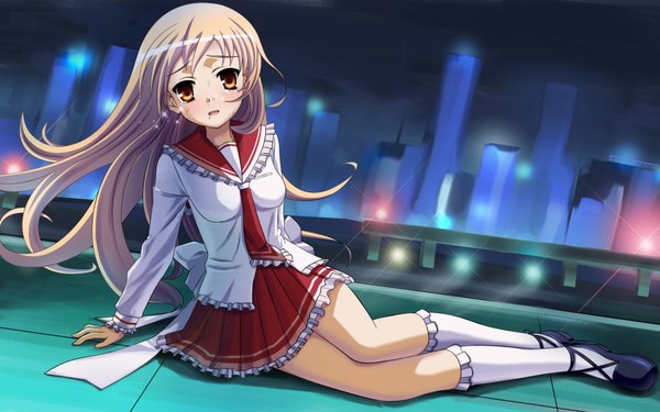 Anime picture 1920x1200 with hidan no aria mine riko edogawakid single long hair highres blonde hair red eyes wide image tears girl socks building (buildings) white socks