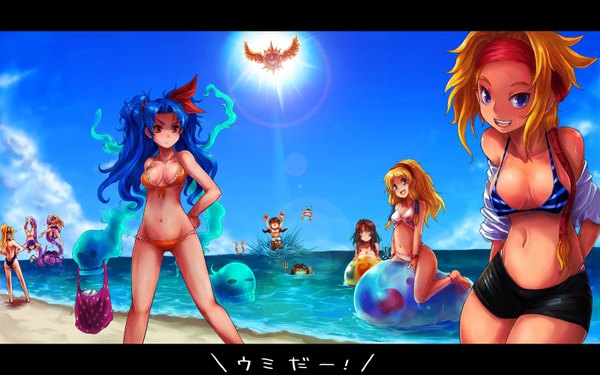 Anime picture 1600x1000 with romancing saga romancing saga 2 rocbouquet color (artist) long hair light erotic blonde hair brown hair wide image blue hair nude arms up wet character names beach undressing front-tie top lowleg everyone \o/