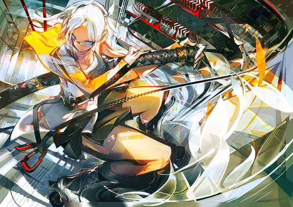 Anime picture 1850x1308 with original panamaman single highres blue eyes looking away bent knee (knees) white hair ponytail from above fighting stance girl weapon sword glasses katana sheath