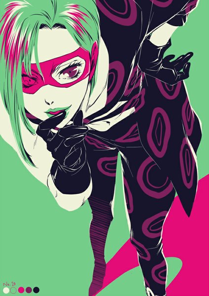 Anime picture 600x848 with jojo no kimyou na bouken melone minatosu tall image looking at viewer short hair simple background standing purple eyes green hair shadow hand on hip lipstick finger to mouth green background boy gloves navel black gloves glasses